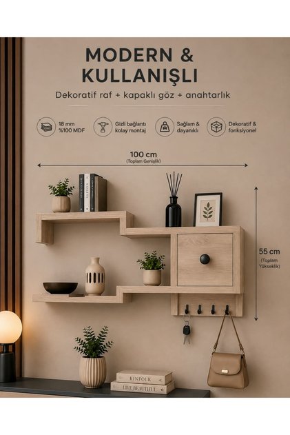 Beraris Flow Dekoratif Duvar Rafı – Kapaklı & Askılı
