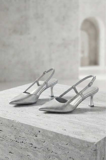 Zri̇n-725 Premium Silver Sequin Patterned Pointed Toe Heeled Shoes 7.5 cm