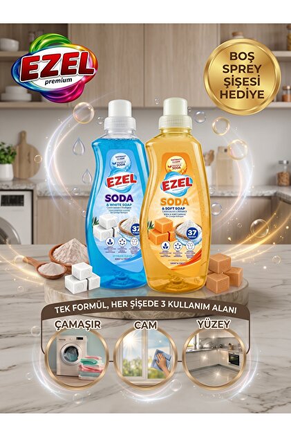 Premium Sıvı Deterjan Mavi ve Turuncu İkili Kombinasyon Paketi - Soda & Beyaz Sabun ve Soda & Arap Sabunu (Çamaşır, Cam, Yüzey) 2'li Set + Sprey Şişe Hediye
