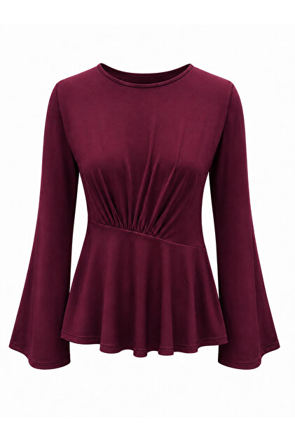 Kadın Bel Büzgülü İspanyol Kol Peplum Bluz 0245