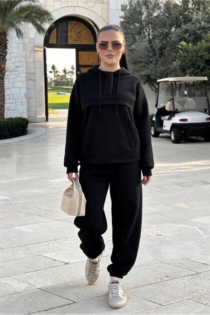Kangaroo Pocket Modal Tracksuit Set – Hooded - Black