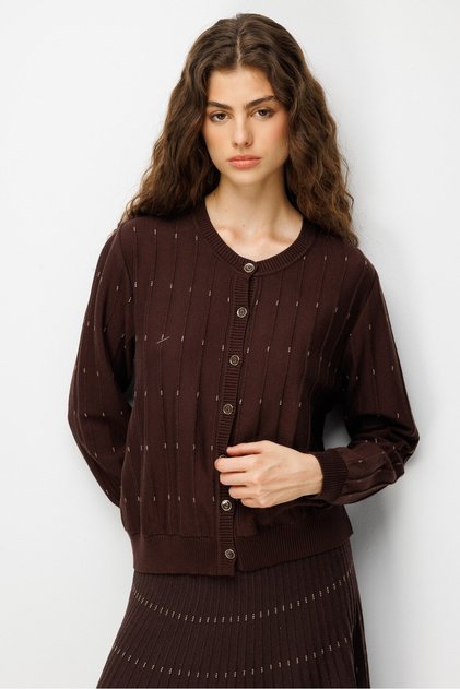 Women's Crew Neck Glittery Striped Knitwear Jacket Brown