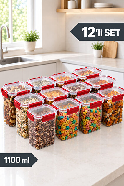 12'li Sızdırmaz Silikon Contalı Kilitli Saklama Kabı Seti Erzak Bakliyat Gıda Saklama Kabı 12x1100 ml-Kırmızı
