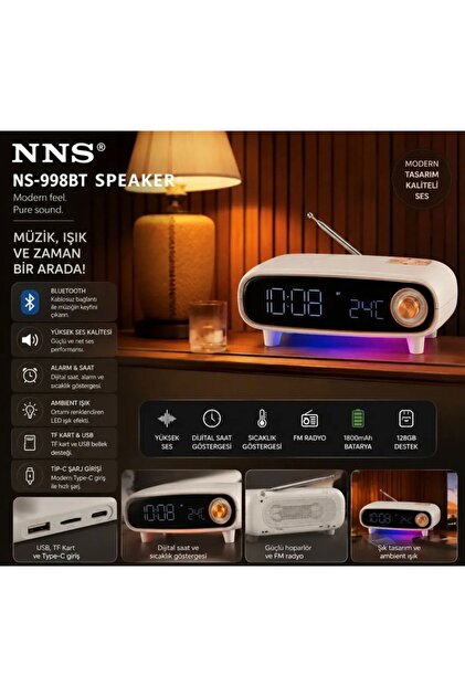 LE-NS998BT Çok Fonksiyonlu RGB LEDli Retro Bluetooth Hoparlör FM Radyo Dijital Saat Alarm Göstergeli Termometreli USB/TF Kart Destekli Krem