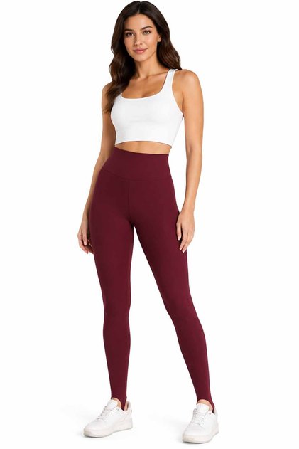Women's Burgundy High Waist Gathering Tights with Stirrup Leg Detail, Flexible Sports and Casual Tights
