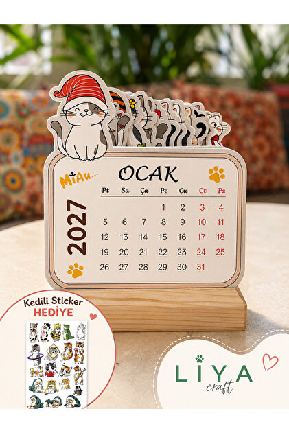 2027 Ahşap Ayaklı Sevimli Kedi Masa Üstü Takvimi Kedili Sticker Sayfası Hediyeli