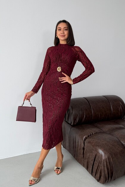 Burgundy Long Sleeve Sequin Embroidered Midi Dress with Accessory Detail