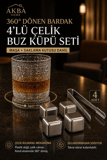 360 Derece Dönen Viski Bardağı ve Çelik Buz Küpü Seti, Çelik Rulmanlı Dönen Bardak