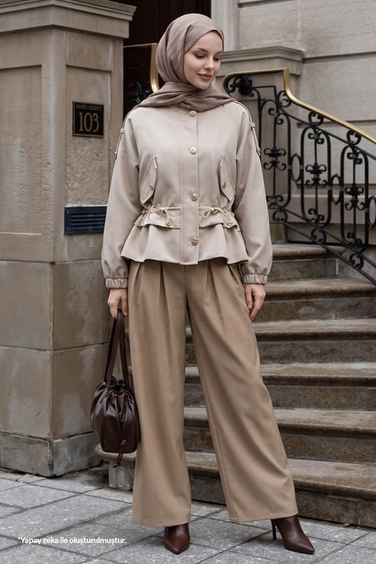 Drawstring Pocket Detail Lined Beige Short Trench Coat