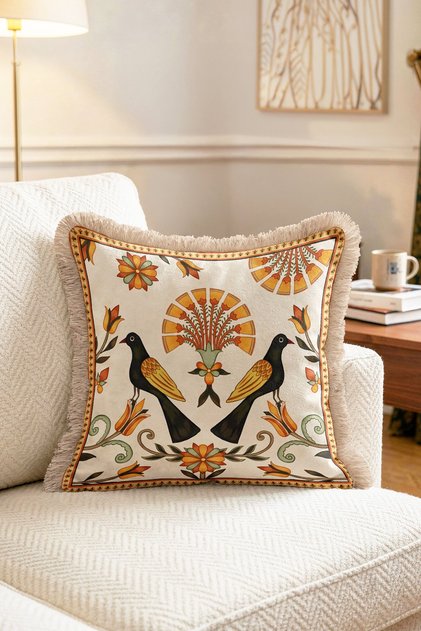 Authentic Fringed Throw Pillow Cover with Traditional Double Bird and Tulip Pattern