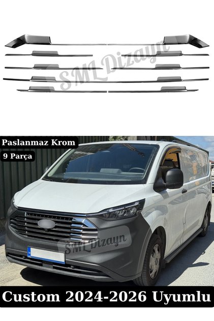 Ford Transit Custom Uyumlu Ön Panjur Kromu Seti - 9 Parça 304 Kalite Paslanmaz Çelik Izgara Çıtası (2024-2026)