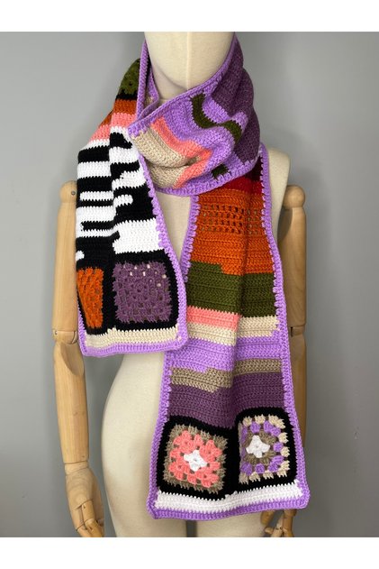 Handmade Bohemian Design Winter Multi-Colored Crochet Scarf with Square Motifs