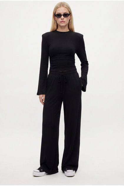 Women's Cove Modal Touch Padded Back Lace-Up Blouse Elastic Pants Black Bottom Top Set