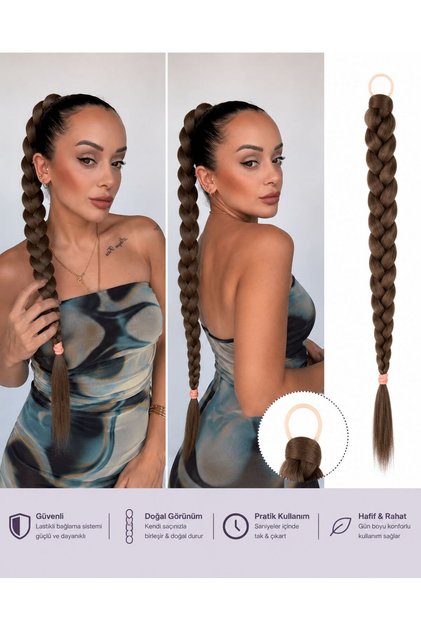 Renkli Örgü Saç-Lastikli örgü at kuyruğu Postiş Saçına Ör ve Çık Uzun Örgü At kuyruğu Postiş saç modeli PonyTail At kuyruğu