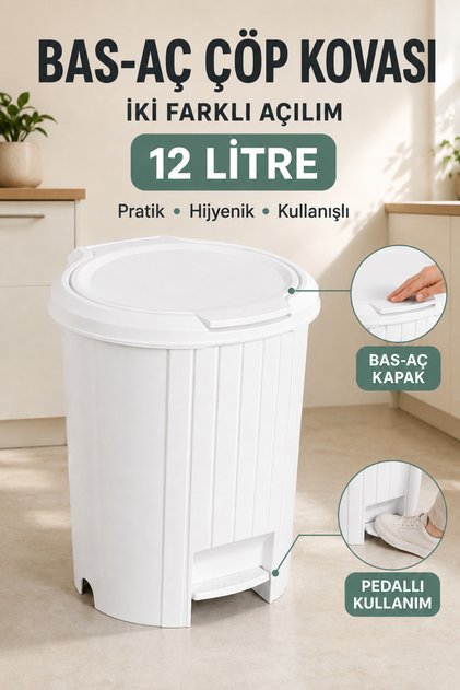 12 Litre Bas-Aç Kapaklı ve Pedallı Çöp Kovası Mutfak Banyo Poşet Sabitleyici Halkalı