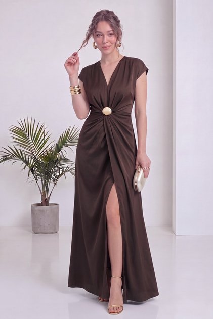 Women's Gold Buckle Gathered Detailed Satin Evening Dress Brown, Navy Blue, Black, Ecru