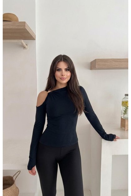 Finger-Looped Gold Buckle Detailed Polyamide Fabric Cut-Off Shoulder Long Sleeve Blouse Sun491