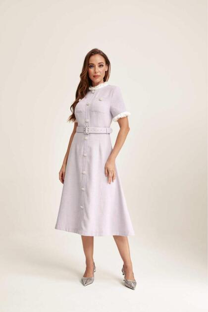 Tweed Dress with Belt Purple