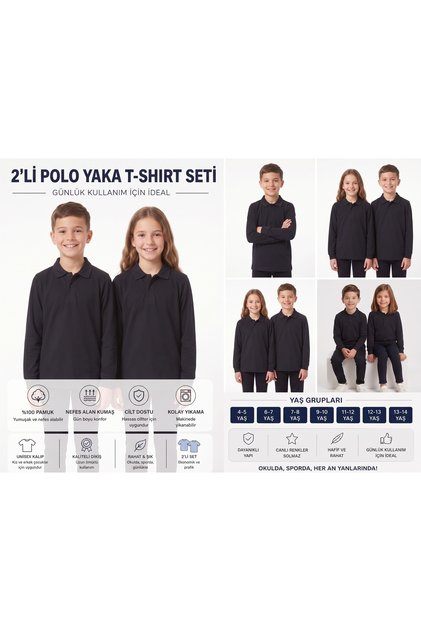 2-Pack Girls' and Boys' 100% Cotton Lakos Long Sleeve Polo Collar School T-Shirt