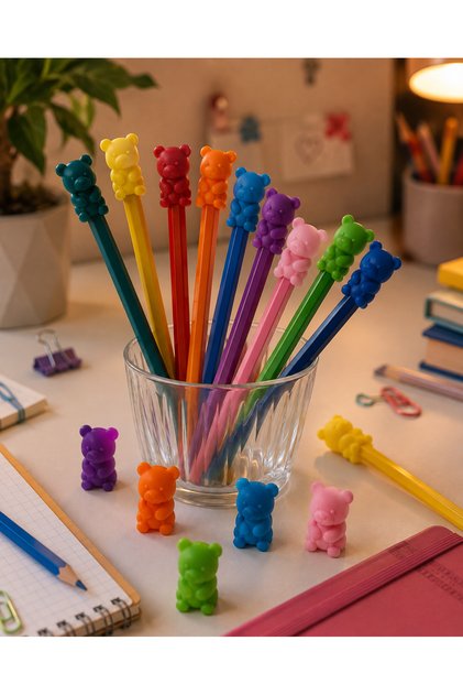 10’lu Ayıcık Kurşun Kalem Üstü Aksesuar Seti – Karışık Renkli Sevimli Kalem Süsü ve Kalem Başlığı