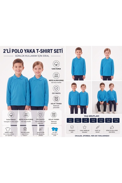 2-Pack Girls' and Boys' 100% Cotton Lakos Long Sleeve Polo Collar School T-Shirt