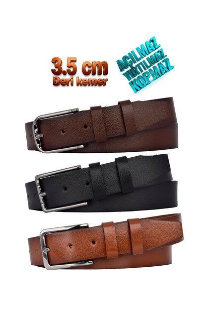100% Genuine Leather, Set of 3 Single Piece Buffalo Leather Black, Brown, Tan 3.5 cm Fabric Trouser Belts