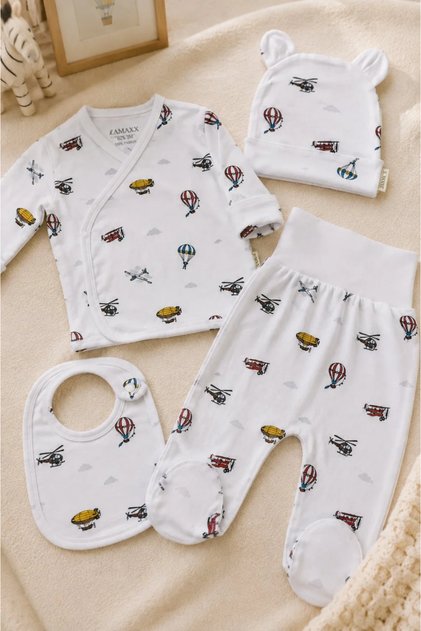 Baby Airplane and Balloon Patterned 3-Piece Set – Reverse Stitched, Self-Gloved, 0-6 Months