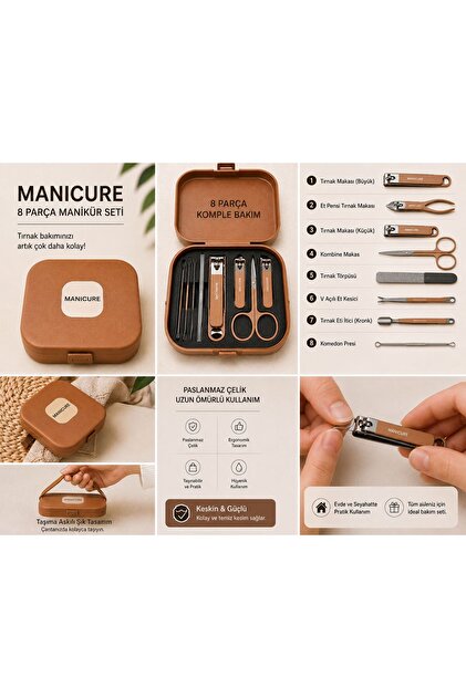 Manicure 8 Parça Profesyonel Manikür Seti – Çantalı, Taşınabilir, Seyahat Tipi Tırnak Bakım Seti