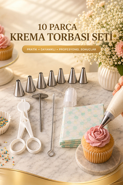 10'lu Krema Torbası Seti Pasta Süsleme Duy Seti Gül Yapma Aparatlı Profesyonel