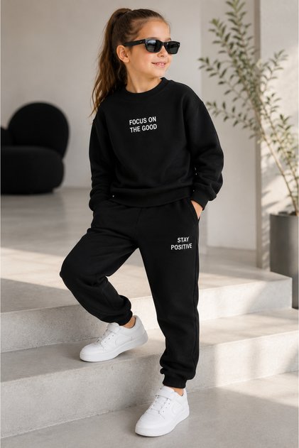 Unisex Girls Boys Three Threaded Black 2-Piece Set Sweatshirt & Sweatpants