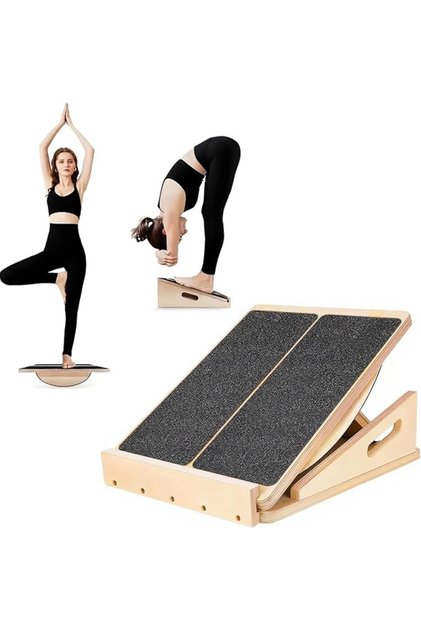 2-in-1 Professional Wooden Balance Board & Slant Board, Four Adjustable Incline Board and Calf Stret