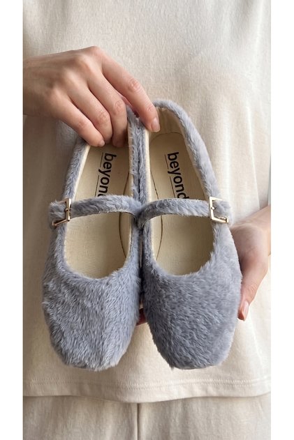 Women's Gray Rabbit Fur Buckle Casual Ballerinas 1 cm Byndtav01
