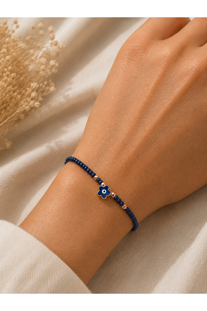 Navy Blue Afghan Beaded Star Evil Eye Pendant Rose Gold Detailed Women's Bracelet