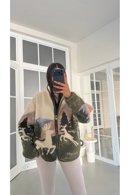 Yeşil Geyik Desenli Fermuarlı Polar Sweatshirt GAUS-01914 GAUS-01916