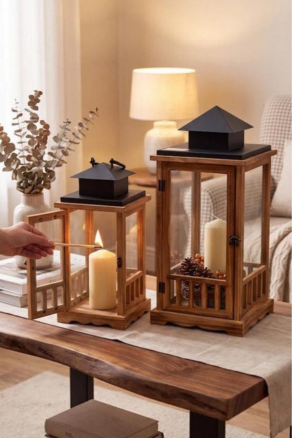 2'li Dekoratif Fener Metal Şamdan Mumluk Ahşap Detay Ev Dekorasyonu