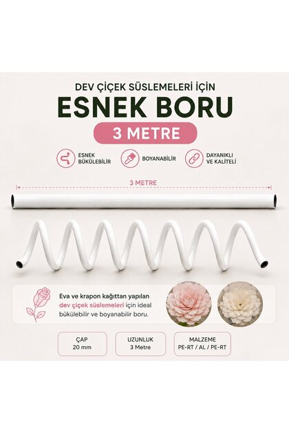 Dev Çiçek Yapım Borusu - 3 Metre, Eva, Krapon, Organze Tül İçin Esnek, Boyanabilir Dekoratif Boru
