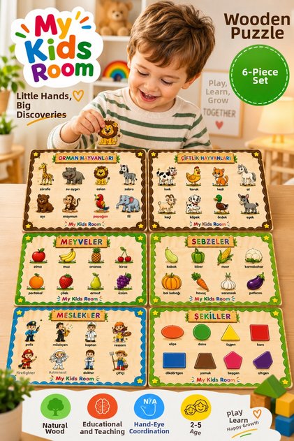 6-Piece Wooden Educational Puzzle Set for 2-5 Year Old Children Find and Match Puzzle Forest Animals Fruits Vegetables Professions Shapes