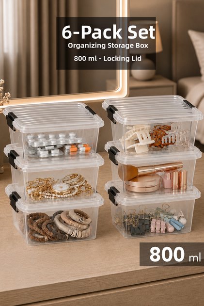 6-Piece Elora Storage Box - 800ml Lockable Lid Jewelry Makeup Organizer Closet Organizer Transparent