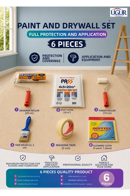 Painting Set 6 Pieces - Painter's Set - Roller 20 cm - Roller 10 cm - Brush - Tape - Cover - Cleaning Cloth