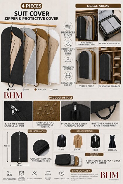 4-Piece Suit Cover 60X100 cm Double Zipper Gamboç Clothes Cover Garment Protector Dustproof Closet Organizer