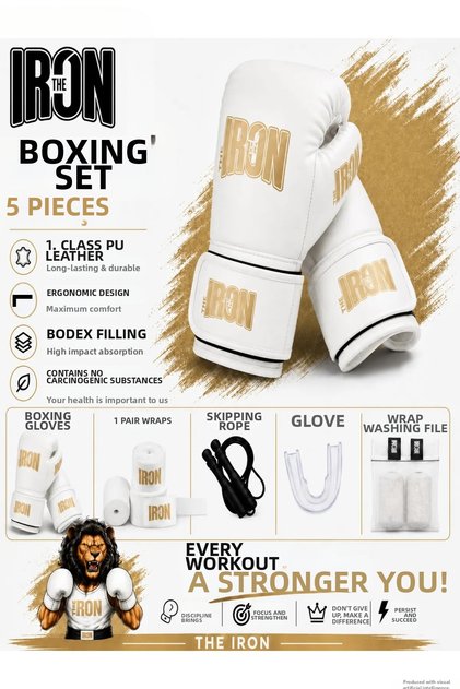 5 Piece Boxing Set - Boxing Gloves + 3.5m Bandage + Jump Rope + Mouthguard + Bandage Washing Net