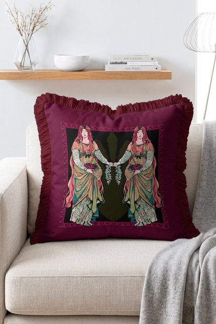 Art Nouveau Twin Female Figures Vintage Burgundy Decorative Fringed Throw Pillow Cover