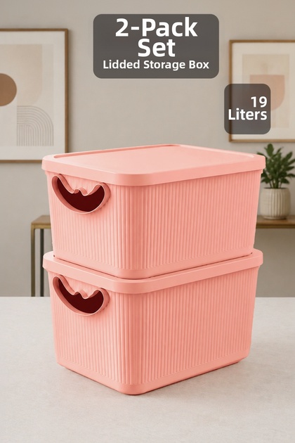 2-Piece 19Lt Storage Box with Lid - Decorative Organizer Multi-Purpose Closet Organizer Basket Pink