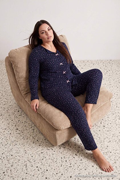 Navy Blue Crispy Floral Patterned Bowknot Camisole Plus Size Pajama Set