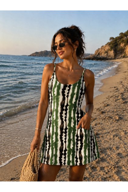 Women's Patterned Woven Dress with Straps and Pockets