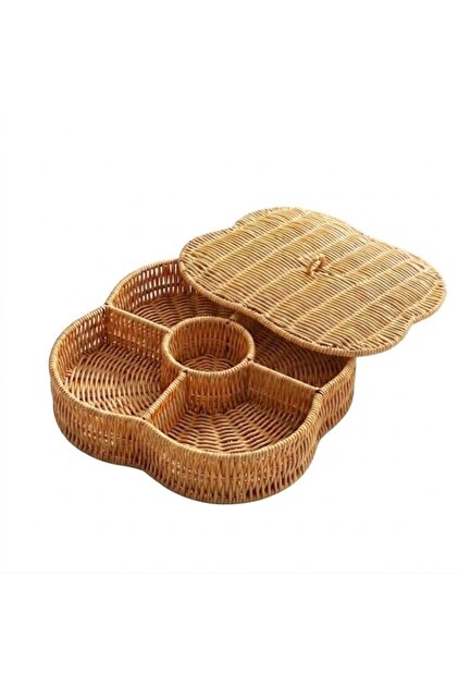 5 Bölmeli Kapaklı Rattan Düzenleyici Kutu Çok Amaçlı Saklama Sepeti