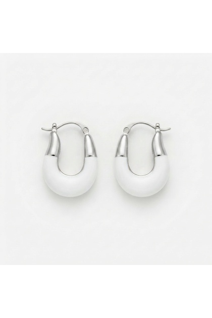U Model Silver Colored Steel Earrings with White Enamel