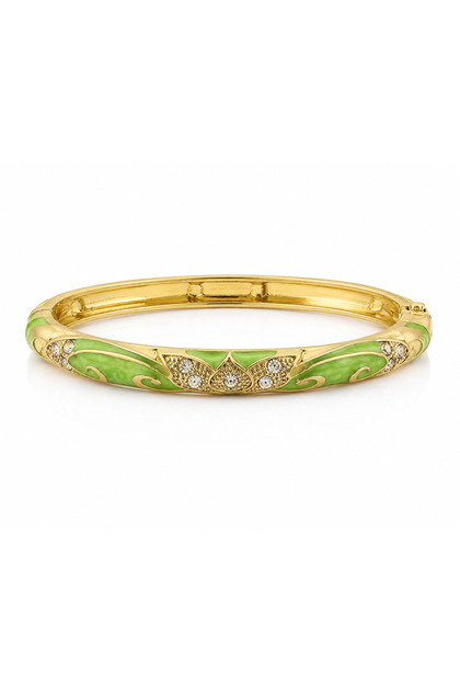 Vip Green Enamel Stone Detailed Gold Color Handcuff Bracelet