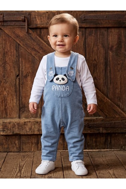 Long Sleeve Panda Figure and Embroidered Seasonal Salopet for Girls and Boys Baby Kids 2-Piece Set