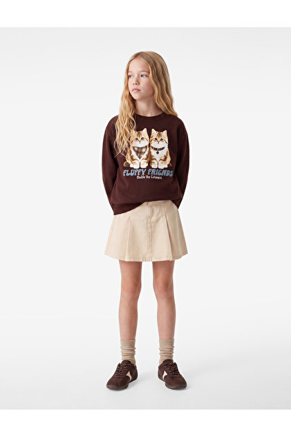 Long Sleeve Crew Neck Hooded Cat Printed Sweatshirt